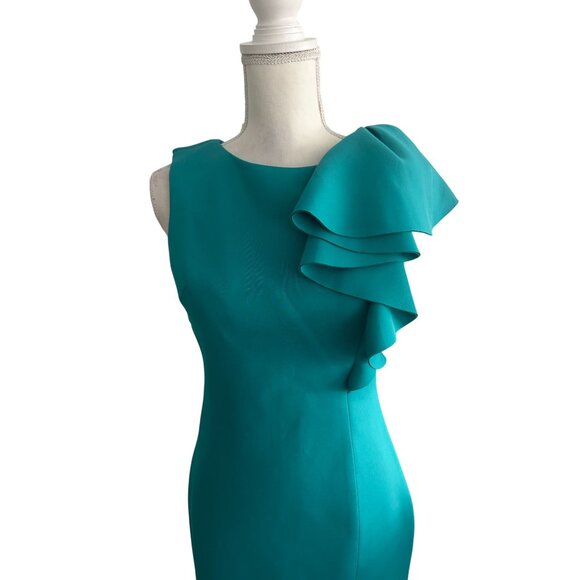 ELIZA J Aqua Teal Ruffle Shoulder Scuba Dress Size 4 - Picture 7 of 8